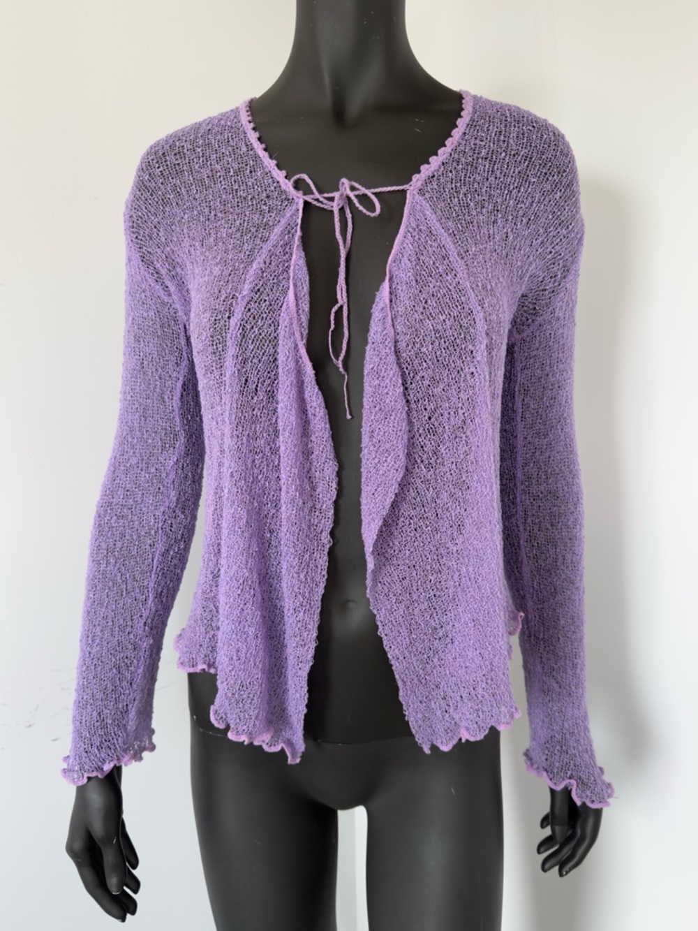 275. Sambar Lavender Open Knit Cardigan Boho Tie Front Crochet Top OS